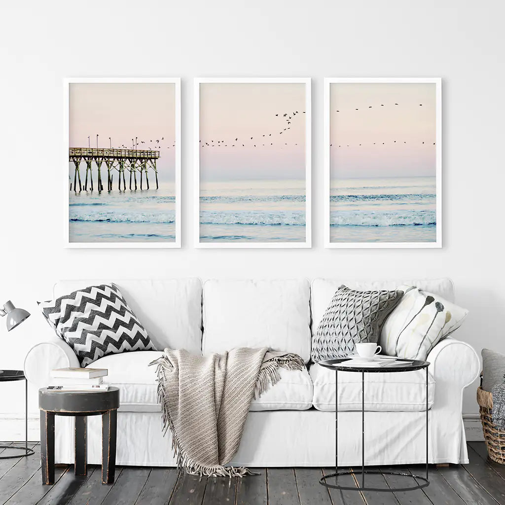 Ocean Sunset Photography with a Pier and Seagulls. Set of 3 Prints. White Frames