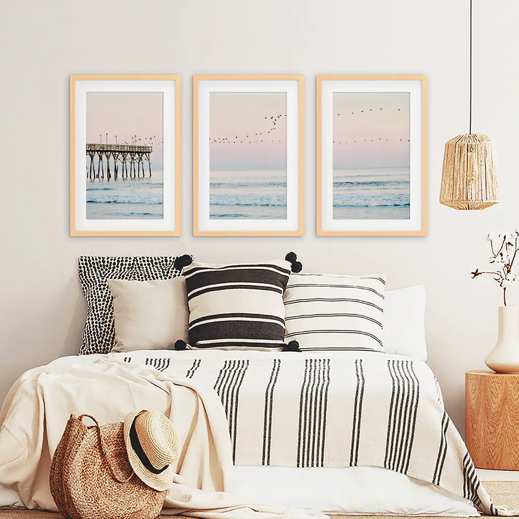 Ocean Sunset Photography with a Pier and Seagulls. Set of 3 Prints. Wood Frames with Mat