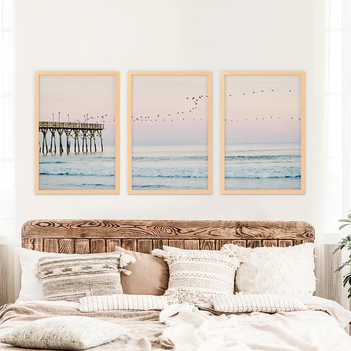 Ocean Sunset Photography with a Pier and Seagulls. Set of 3 Prints. Wood Frames