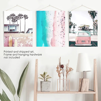 Boho Coastal Prints. Pink Combi Van, Aerial Beach, Surfing