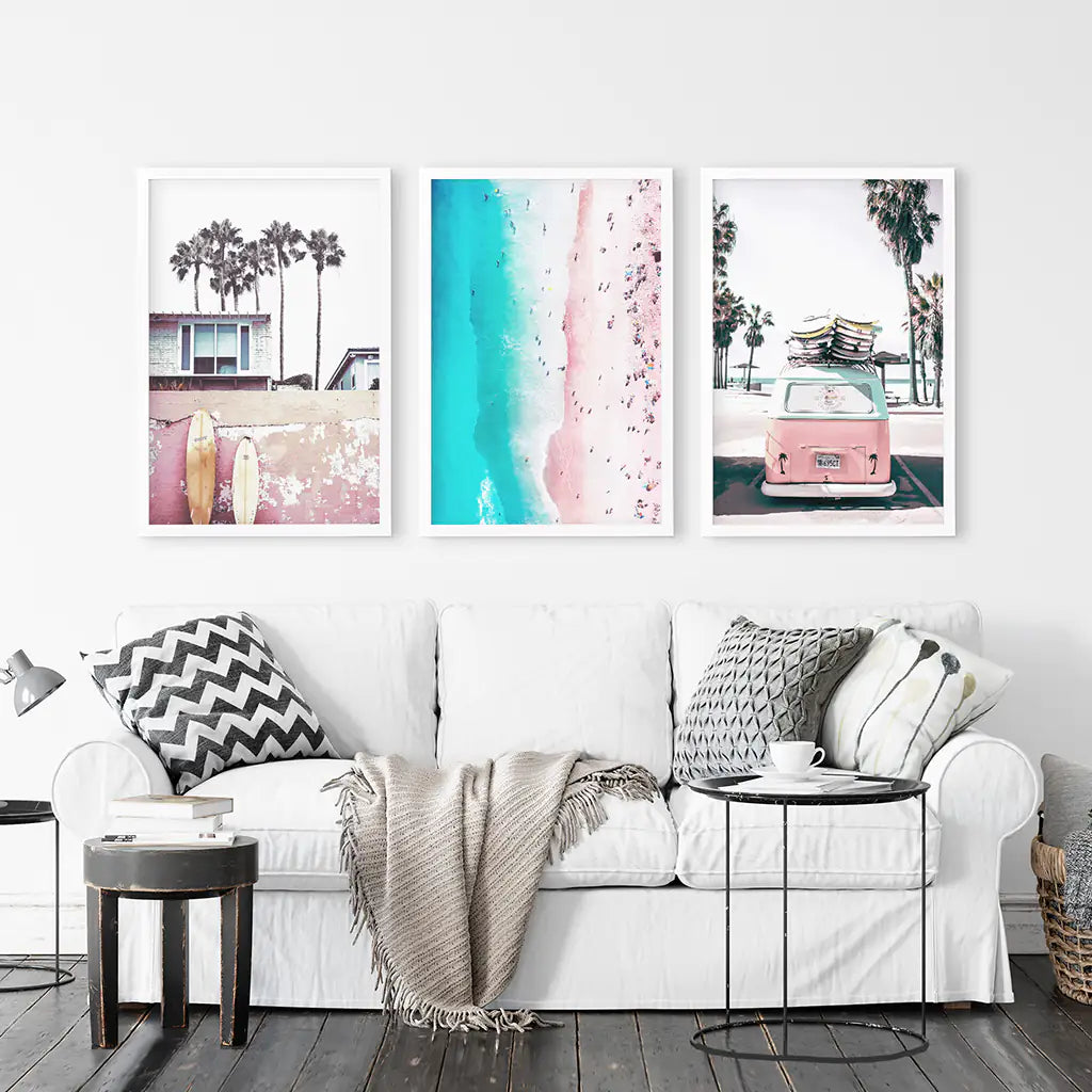 Boho Coastal Prints. Pink Combi Van, Aerial Beach, Surfing