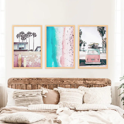 Boho Coastal Prints. Pink Combi Van, Aerial Beach, Surfing