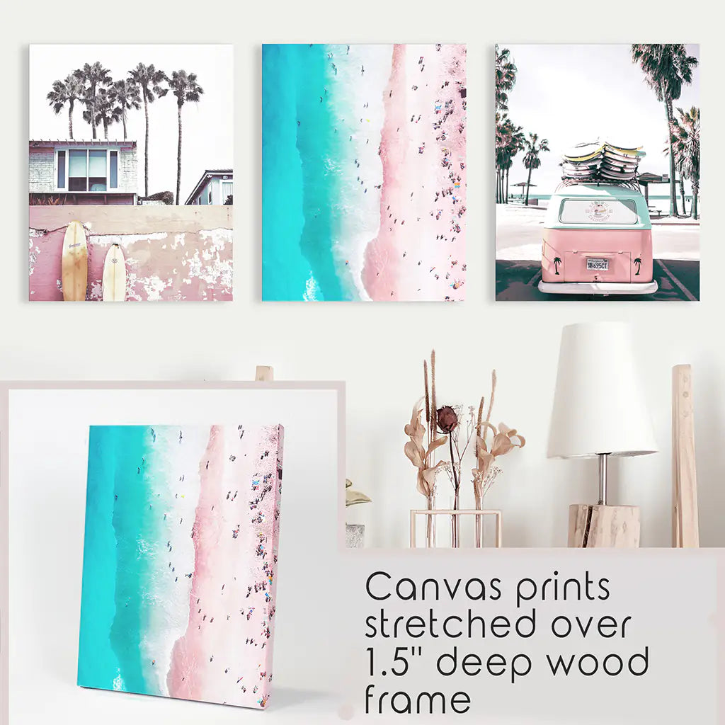 Boho Coastal Prints. Pink Combi Van, Aerial Beach, Surfing