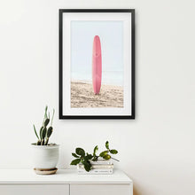 Load image into Gallery viewer, Pink Surfboard Wall Art Print. California Summer. Black Frame with Mat

