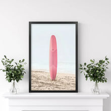 Load image into Gallery viewer, Pink Surfboard Wall Art Print. California Summer. Black Frame
