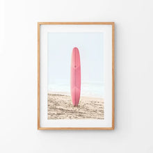 Load image into Gallery viewer, Pink Surfboard Wall Art Print. California Summer. Thin Wood Frame with Mat
