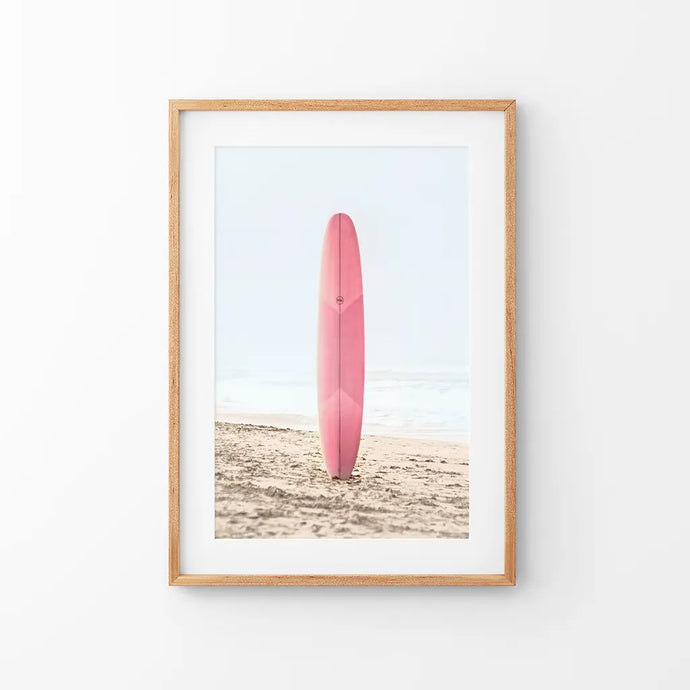 Pink Surfboard Wall Art Print. California Summer. Thin Wood Frame with Mat