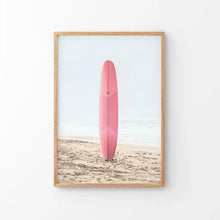 Load image into Gallery viewer, Pink Surfboard Wall Art Print. California Summer. Thin Wood Frame
