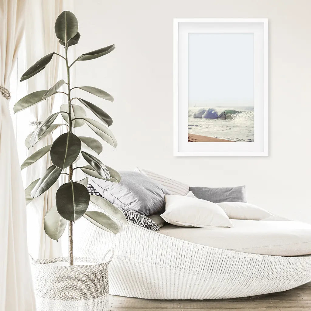 California Surfing. Coastal Waves Wall Art Print. White Frame with Mat