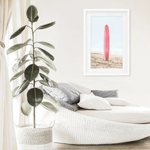 Load image into Gallery viewer, Pink Surfboard Wall Art Print. California Summer. White Frame with Mat
