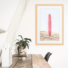 Load image into Gallery viewer, Pink Surfboard Wall Art Print. California Summer. Wood Frame with Mat
