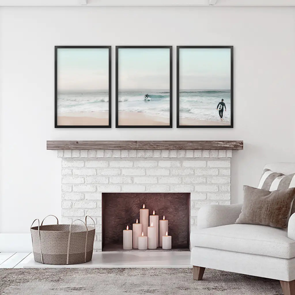 Ocean Beach Surf Prints. Turquoise and Pink Tones Wall Art