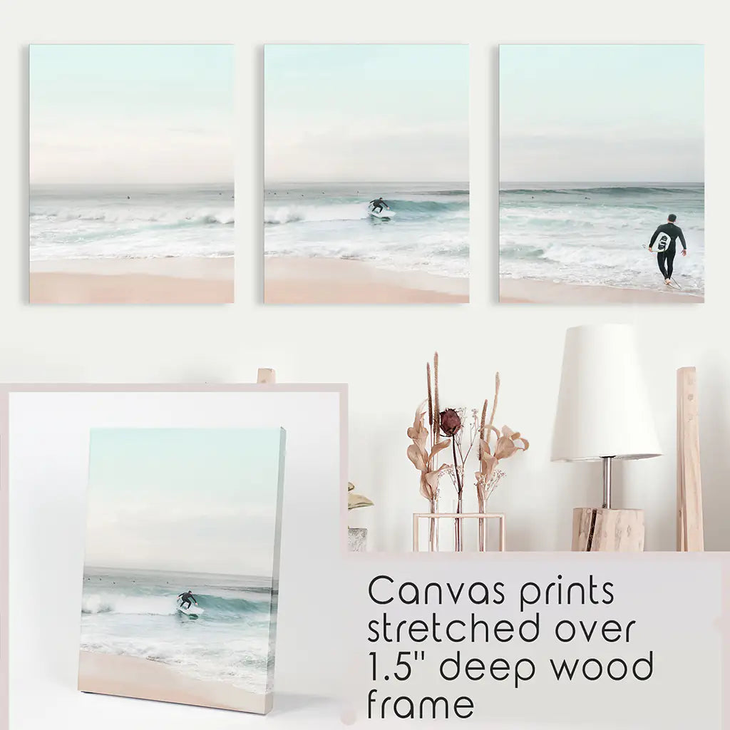 Ocean Beach Surf Prints. Turquoise and Pink Tones Wall Art