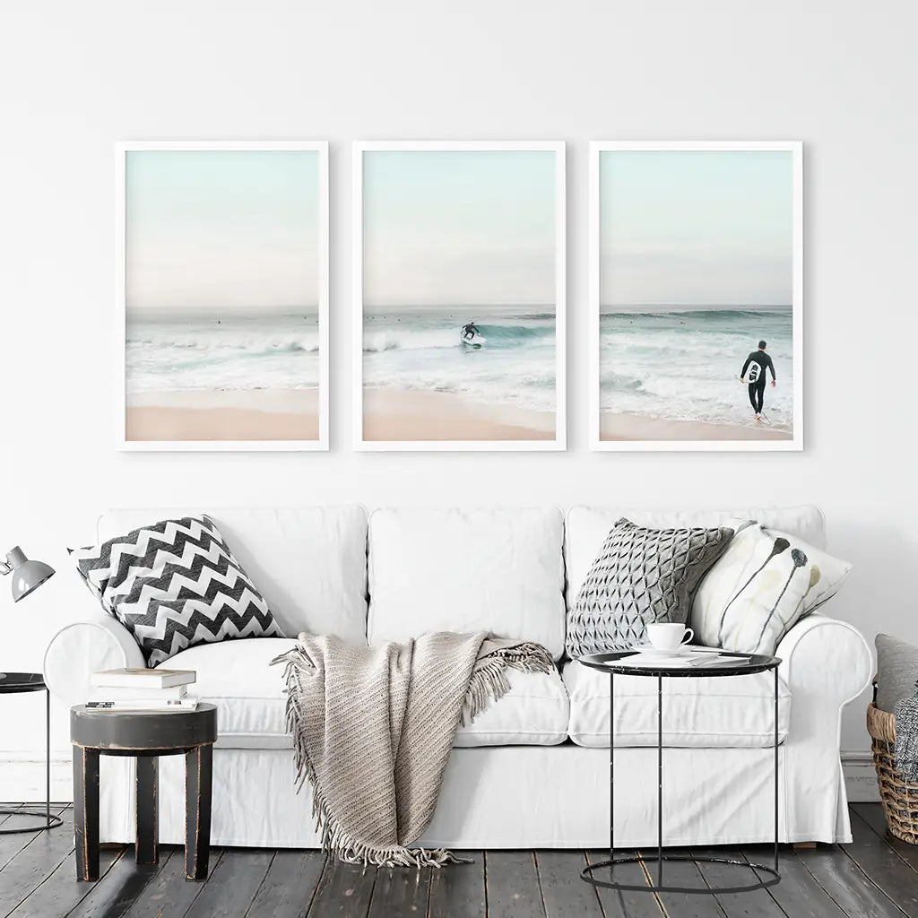 Ocean Beach Surf Prints. Turquoise and Pink Tones Wall Art