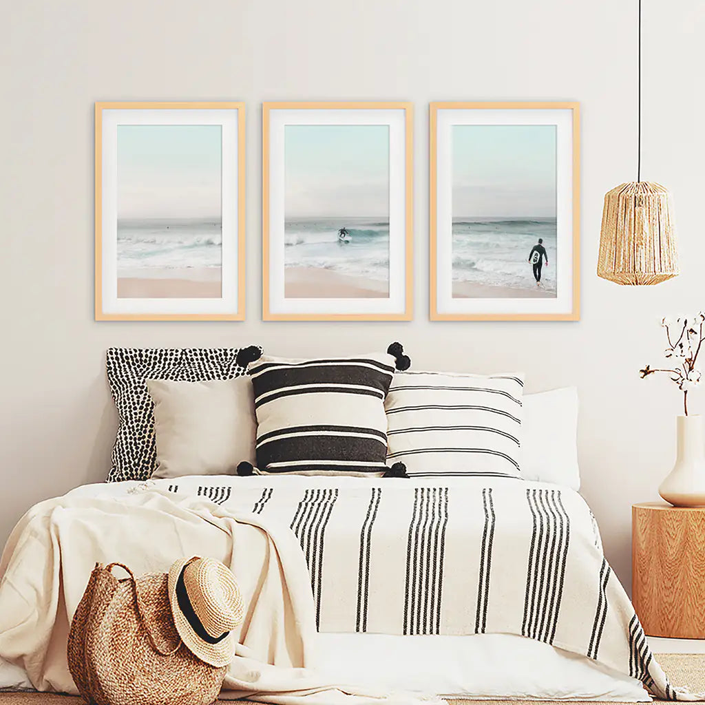 Ocean Beach Surf Prints. Turquoise and Pink Tones Wall Art