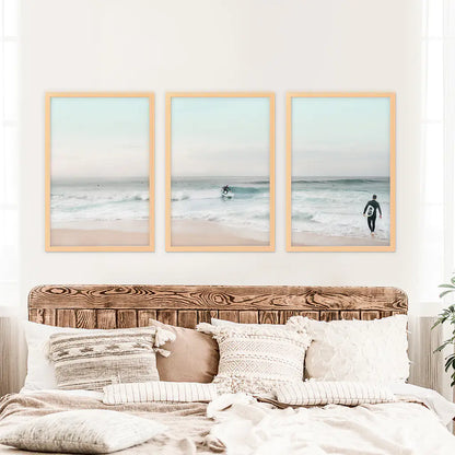 Ocean Beach Surf Prints. Turquoise and Pink Tones Wall Art