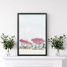 Load image into Gallery viewer, Pink Umbrella Wall Art Print. Summer Beach Theme. Black Frame

