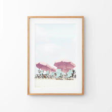 Load image into Gallery viewer, Pink Umbrella Wall Art Print. Summer Beach Theme. Thin Wood Frame with Mat
