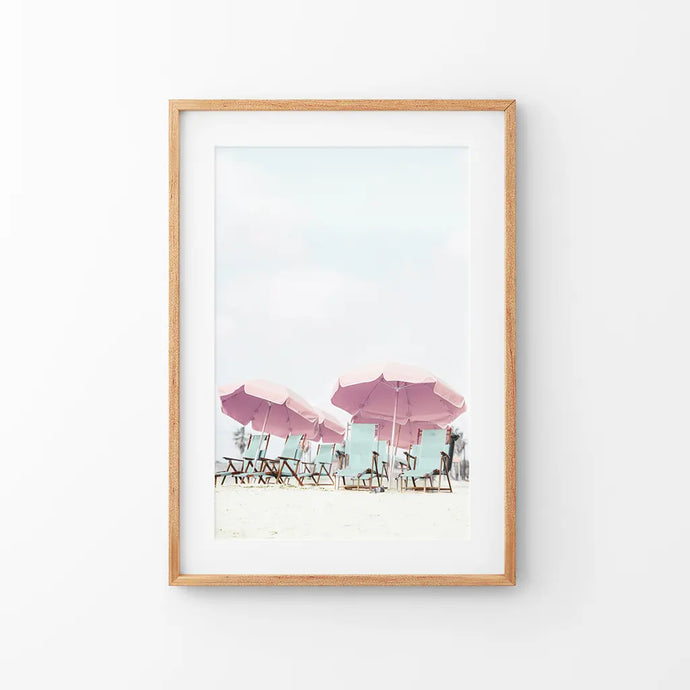 Pink Umbrella Wall Art Print. Summer Beach Theme. Thin Wood Frame with Mat