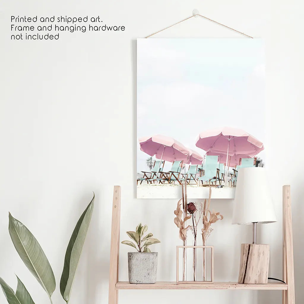 Pink Umbrella Wall Art Print. Summer Beach Theme. Unframed Print