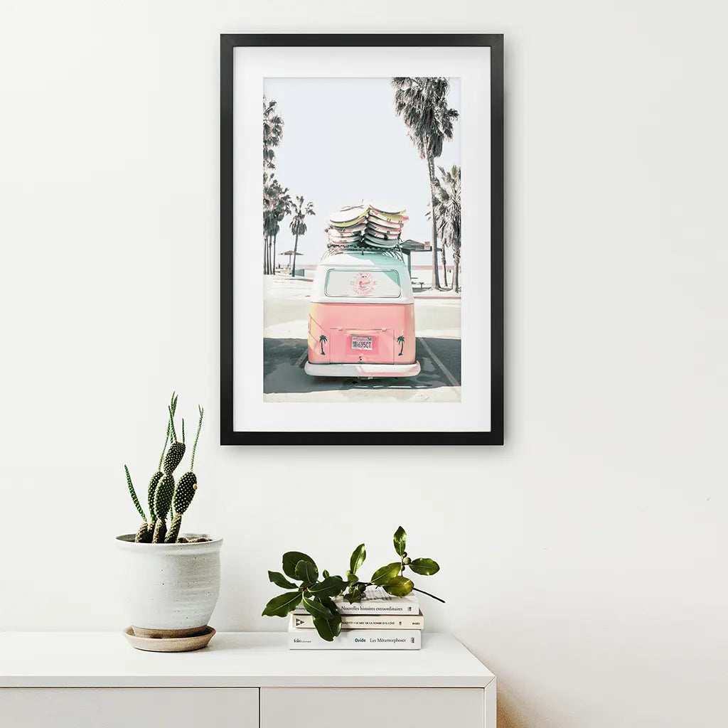 Pink Vintage Van Print. Tropical Summer Themed Artwork. Black Frame with Mat