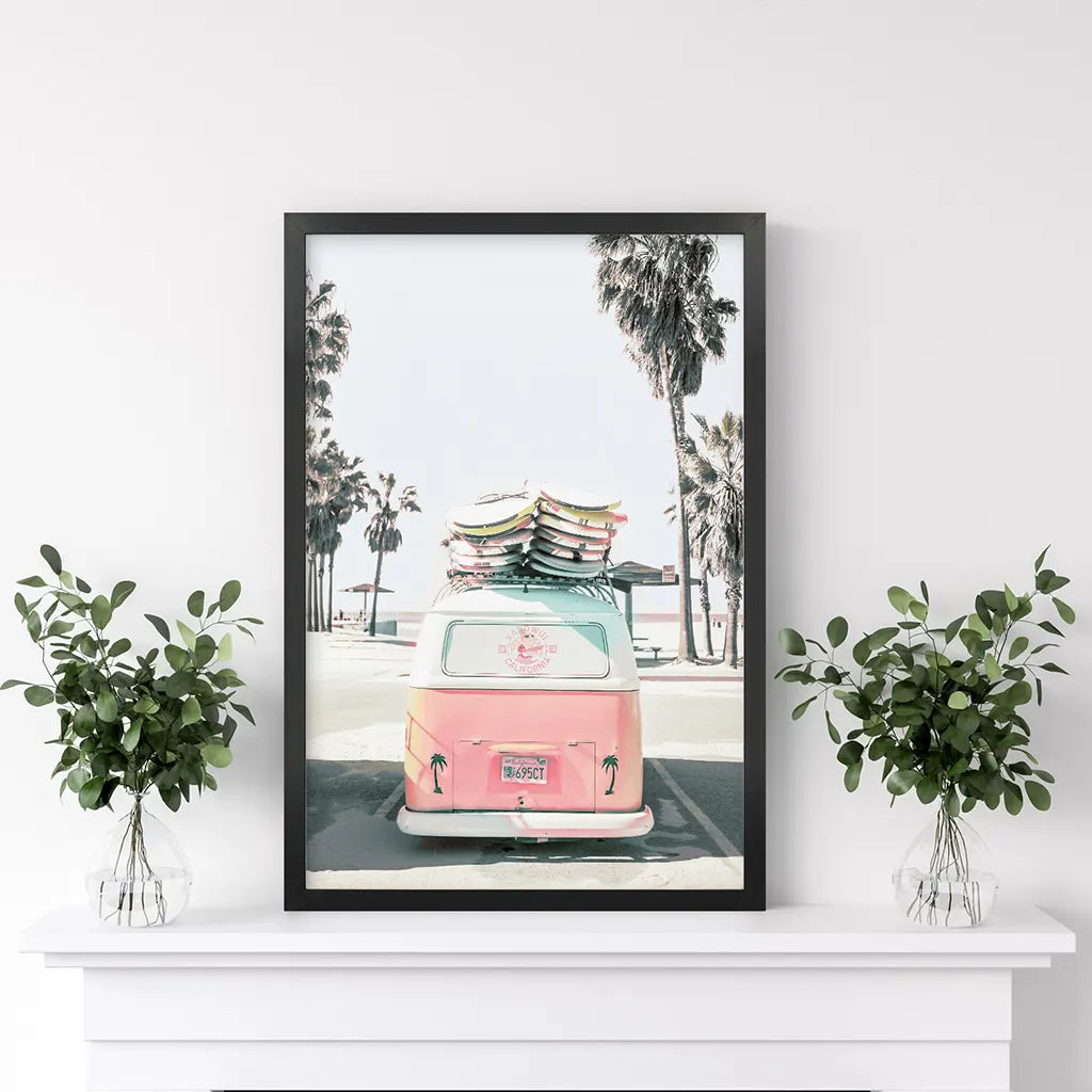 Pink Vintage Van Print. Tropical Summer Themed Artwork. Black Frame