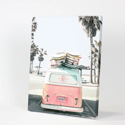 Pink Vintage Van Print. Tropical Summer Themed Artwork. Canvas Print