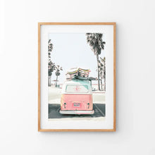 Load image into Gallery viewer, Pink Vintage Van Print. Tropical Summer Themed Artwork. Thin Wood Frame with Mat
