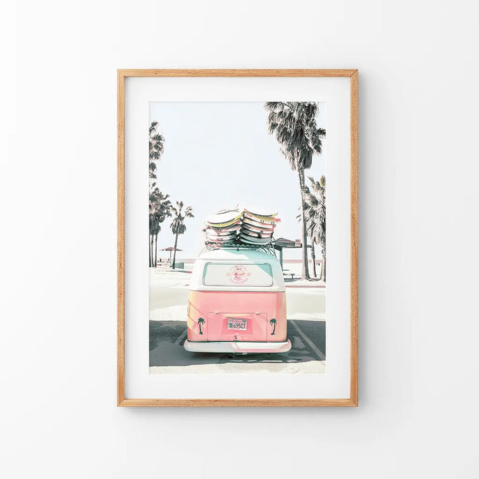 Pink Vintage Van Print. Tropical Summer Themed Artwork. Thin Wood Frame with Mat