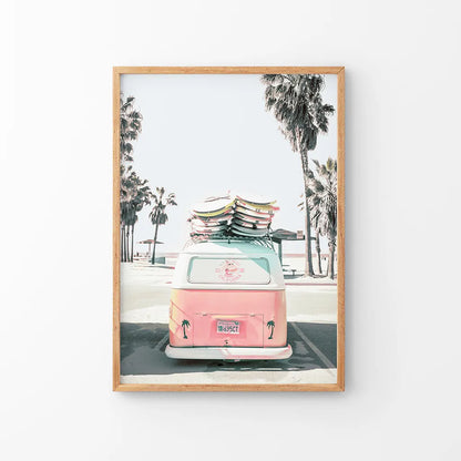 Pink Vintage Van Print. Tropical Summer Themed Artwork. Thin Wood Frame