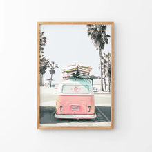 Load image into Gallery viewer, Pink Vintage Van Print. Tropical Summer Themed Artwork. Thin Wood Frame
