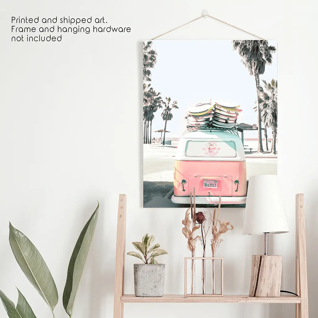 Pink Vintage Van Print. Tropical Summer Themed Artwork. Unframed Print