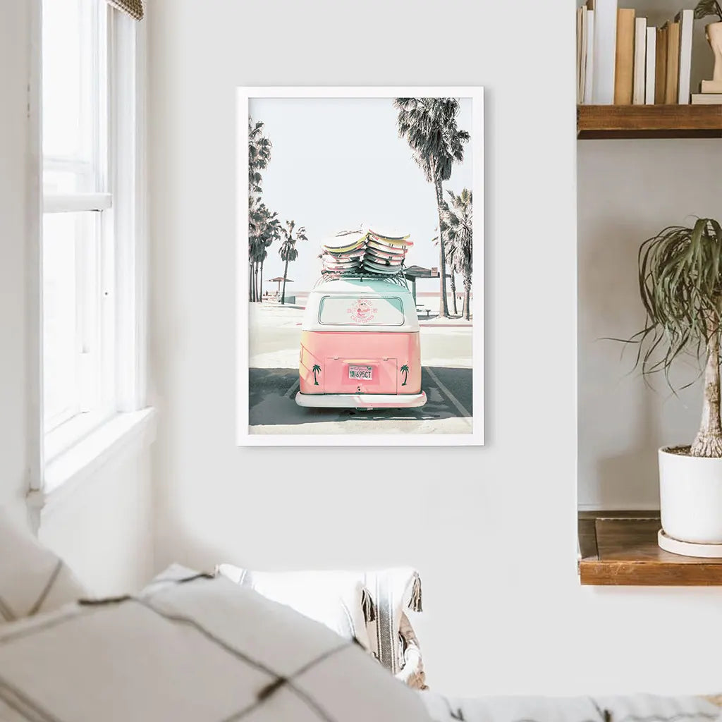 Pink Vintage Van Print. Tropical Summer Themed Artwork. White Frame