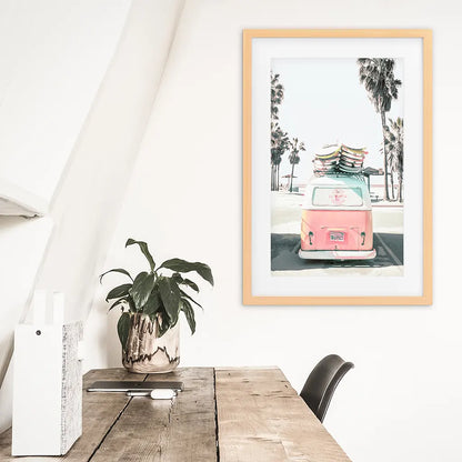 Pink Vintage Van Print. Tropical Summer Themed Artwork. Wood Frame wih Mat