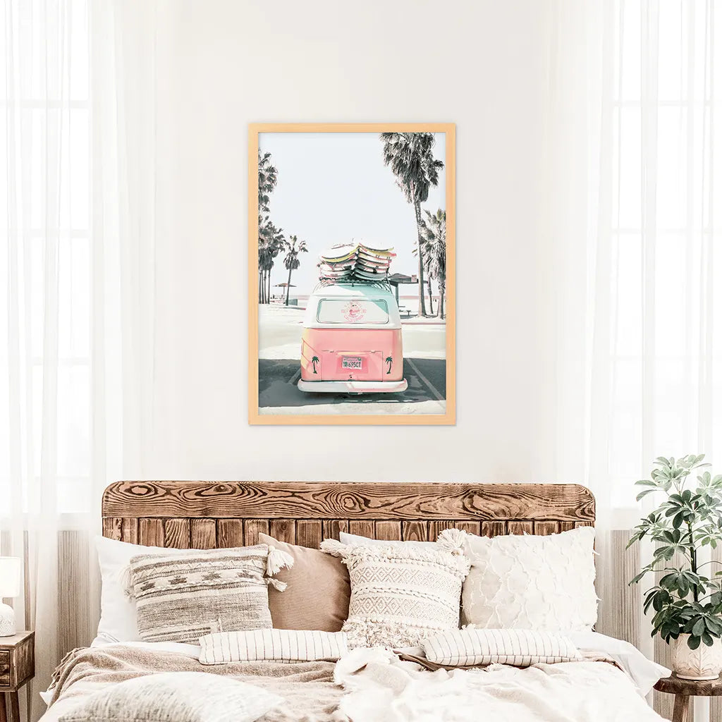 Pink Vintage Van Print. Tropical Summer Themed Artwork. Wood Frame