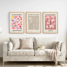 Load image into Gallery viewer, 3 Piece Pink and Beige Flower Market Poster Set. Thin Wood Frame. Living Room
