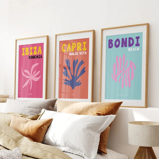 3 Piece Trendy Travel Theme Wall Art Set. Italy, Australia, Spain. Thinwood Frame with Mat. Bedroom