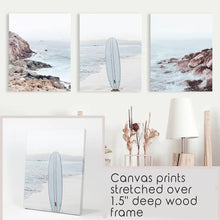 Load image into Gallery viewer, 3 Piece Surf Wall Art. Surfboard, Blue Ocean Beach, Rocks
