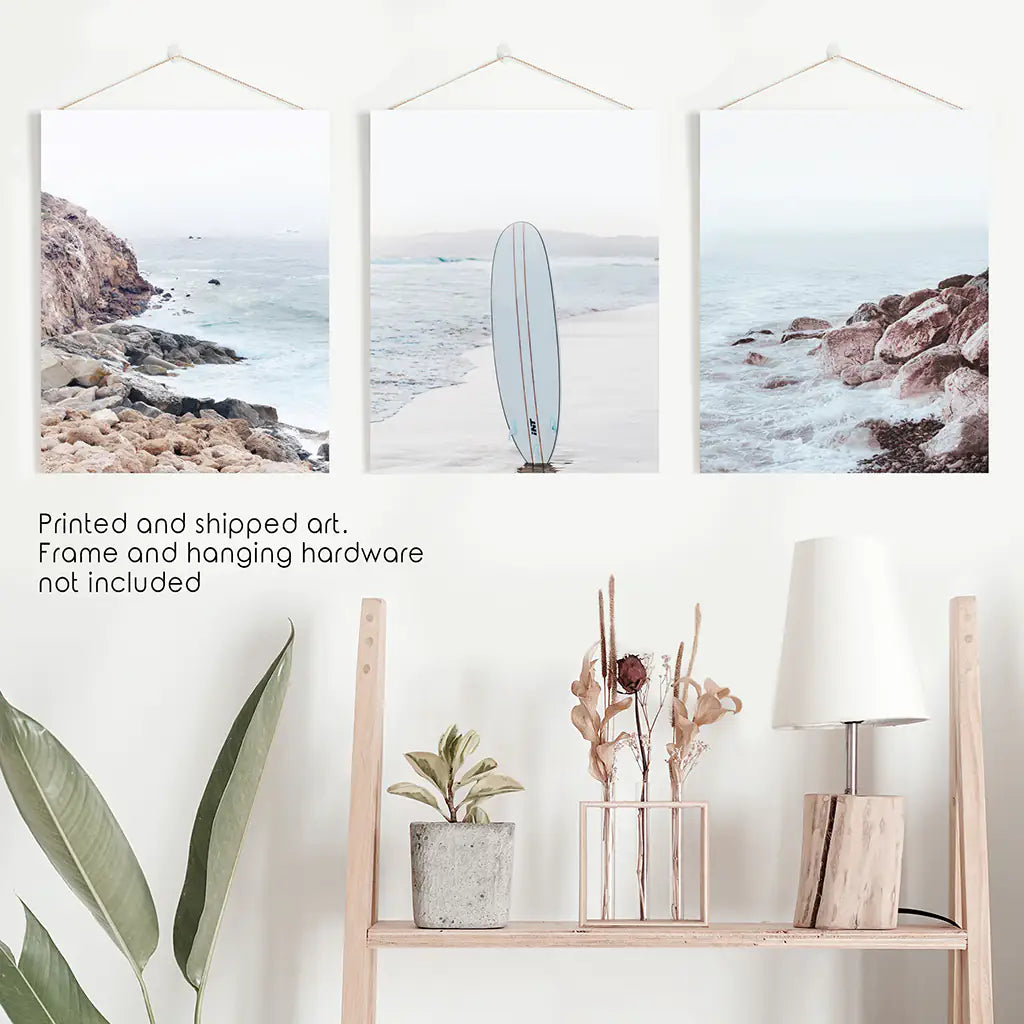 3 Piece Surf Wall Art. Surfboard, Blue Ocean Beach, Rocks