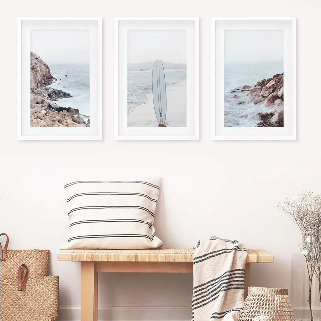 3 Piece Surf Wall Art. Surfboard, Blue Ocean Beach, Rocks