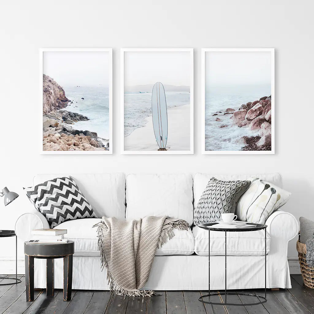 3 Piece Surf Wall Art. Surfboard, Blue Ocean Beach, Rocks