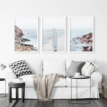 Load image into Gallery viewer, 3 Piece Surf Wall Art. Surfboard, Blue Ocean Beach, Rocks
