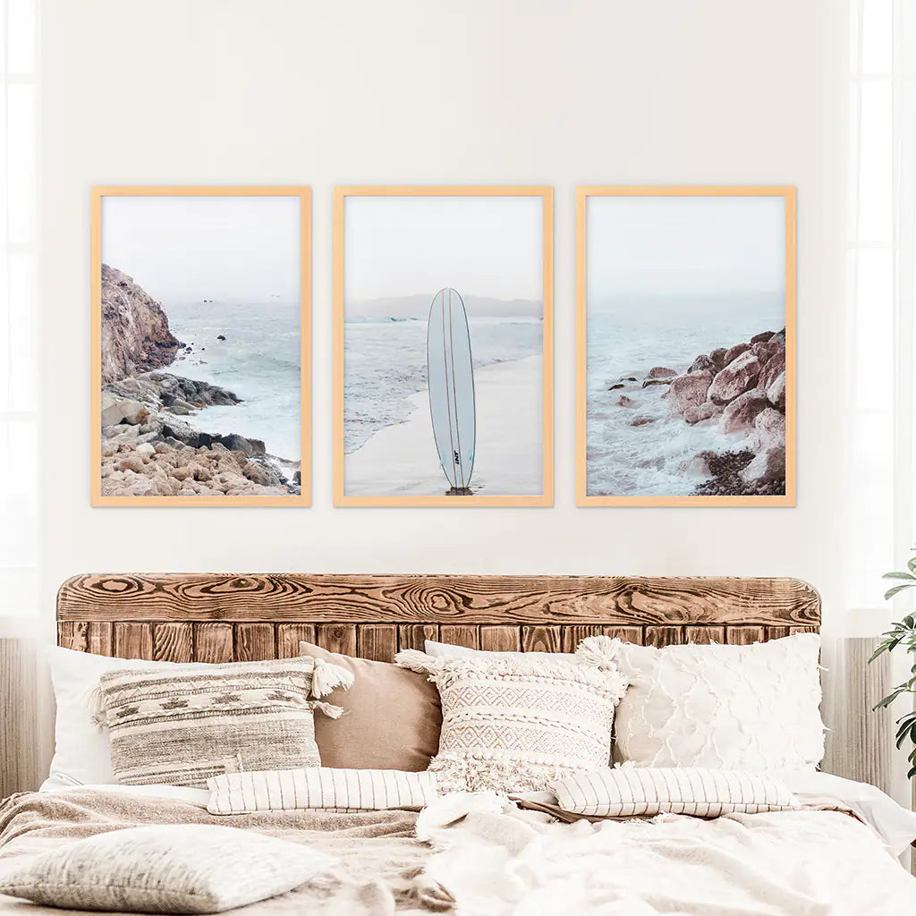 3 Piece Surf Wall Art. Surfboard, Blue Ocean Beach, Rocks