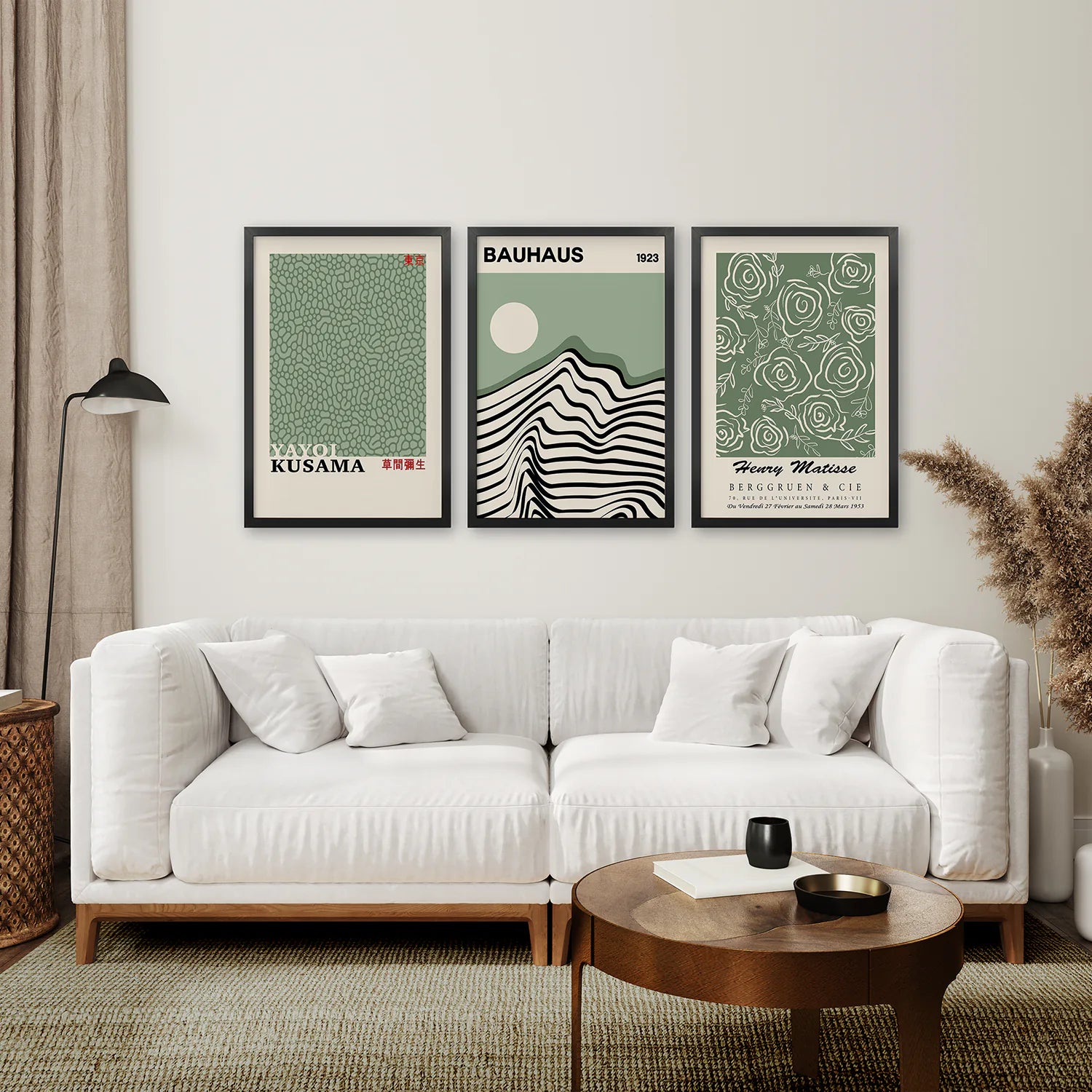 Sage Green Exhibition Art Set of 3 Prints. Bauhaus, Kusama, Matisse. Black Frame. Living Room