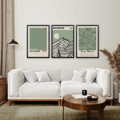 Sage Green Exhibition Art Set of 3 Prints. Bauhaus, Kusama, Matisse. Black Frame. Living Room