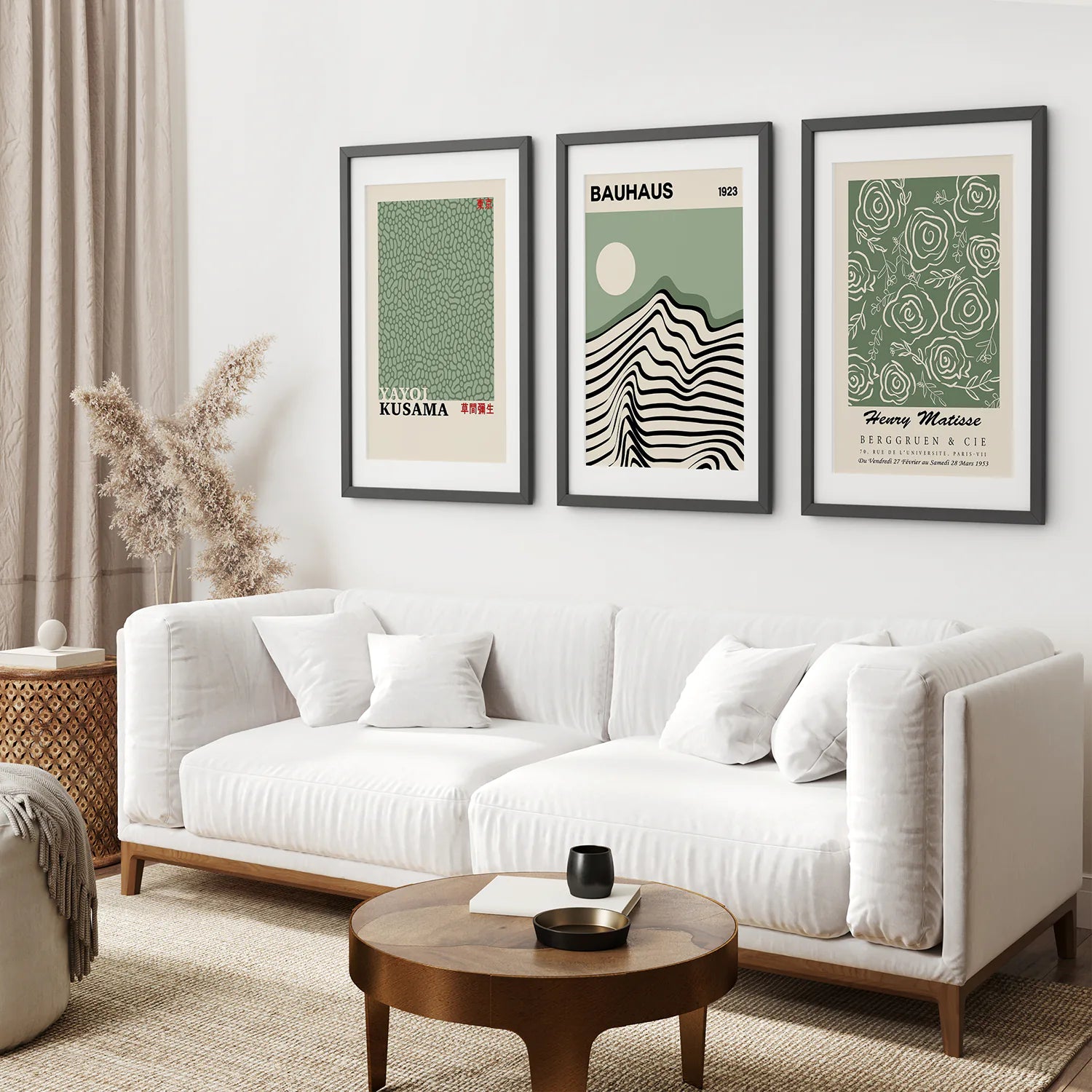 Sage Green Exhibition Art Set of 3 Prints. Bauhaus, Kusama, Matisse. Black Frame with Mat. Living Room