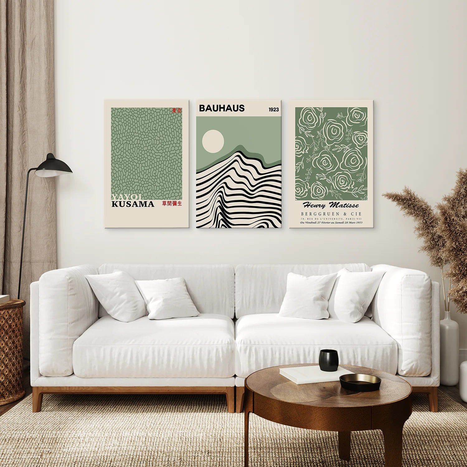 Sage Green Exhibition Art Set of 3 Prints. Bauhaus, Kusama, Matisse. Canvas Print. Living Room