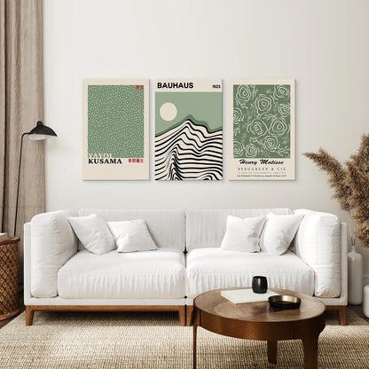 Sage Green Exhibition Art Set of 3 Prints. Bauhaus, Kusama, Matisse. Canvas Print. Living Room