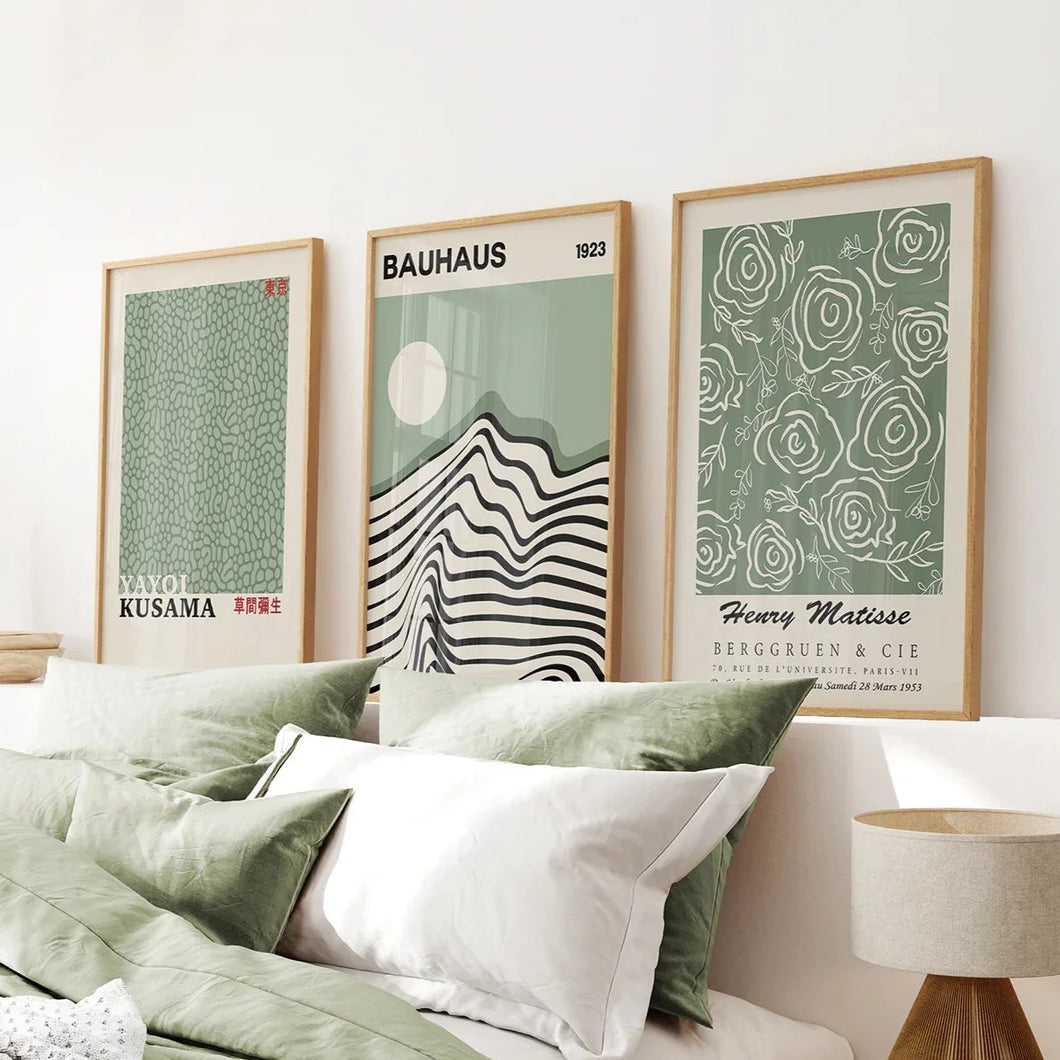 Sage Green Exhibition Art Set of 3 Prints. Bauhaus, Kusama, Matisse. Thinwood Frame. Bedroom