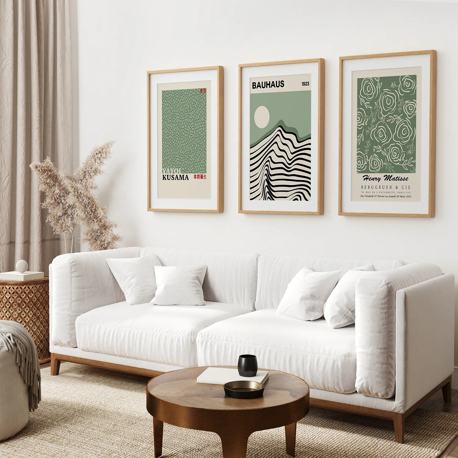 Sage Green Exhibition Art Set of 3 Prints. Bauhaus, Kusama, Matisse. Thinwood Frame with Mat. Living Room